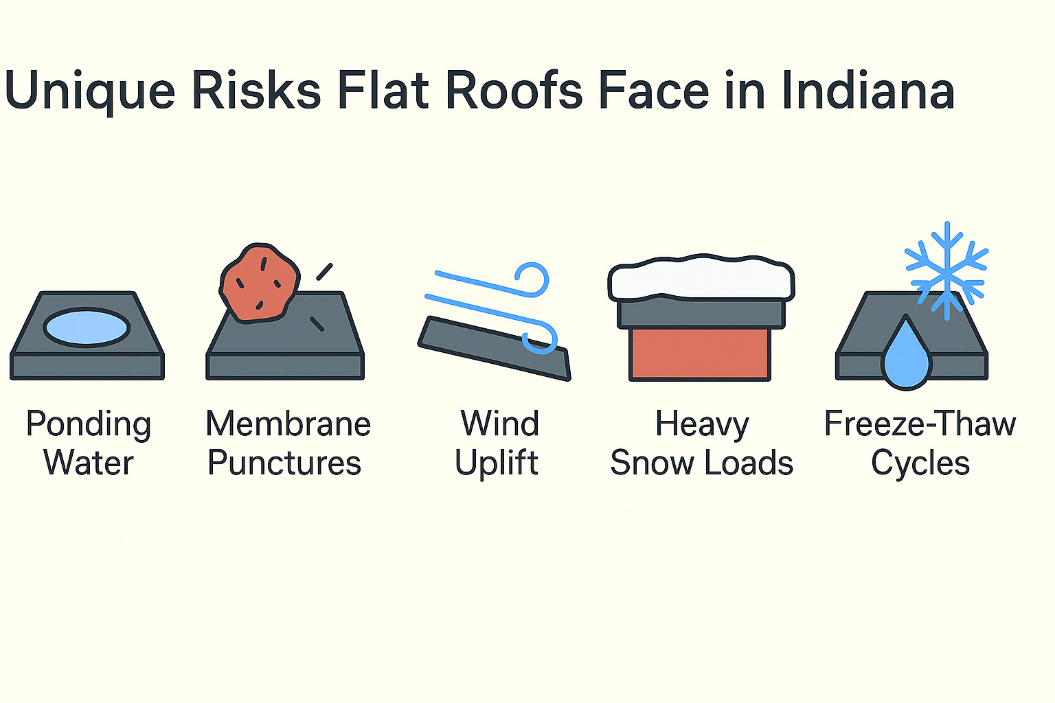 Infographic showing six illustrated icons of common flat roof risks in Indiana, including ponding water, membrane punctures, wind uplift, heavy snow loads, and freeze-thaw cycles.