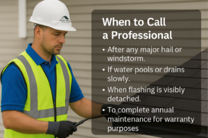 Lafayette roofer wearing a royal blue shirt and Wabash Valley Exteriors hard hat inspecting a residential roof for storm damage, flashing issues, and drainage problems.