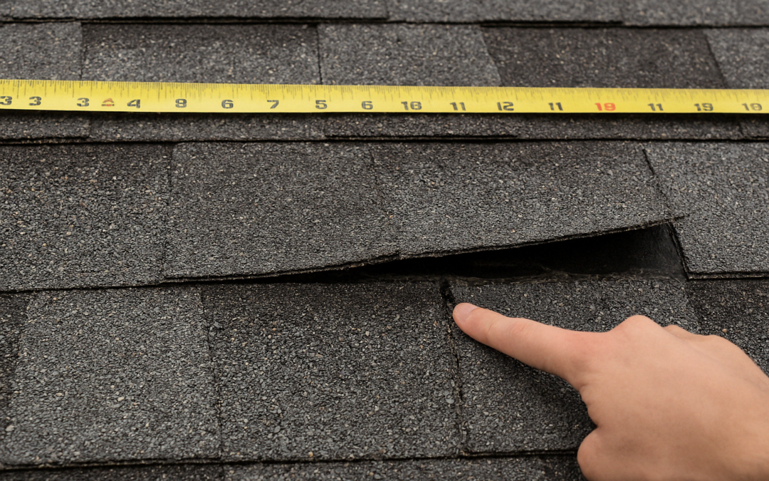 Storm-damaged asphalt shingle roof in Lafayette with a finger pointing to a lifted shingle and a measuring tape above, labeled “Storm Damage Roof Repair in Lafayette.