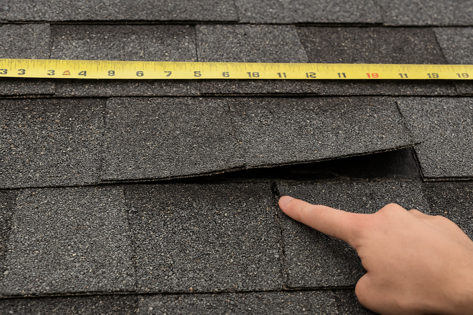 Storm-damaged asphalt shingle roof in Lafayette with a finger pointing to a lifted shingle and a measuring tape above, labeled “Storm Damage Roof Repair in Lafayette.