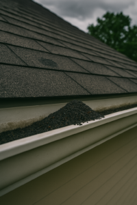 Gutter filled with loose shingle granules from roof erosion