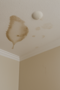 Brown water stains and bubbling on ceiling from hidden roof leak