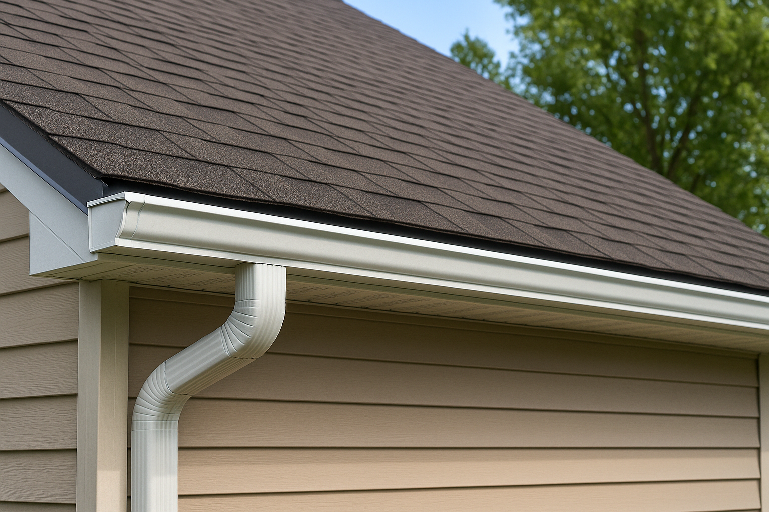 Close-up of a residential roof with asphalt shingles and seamless white gutters