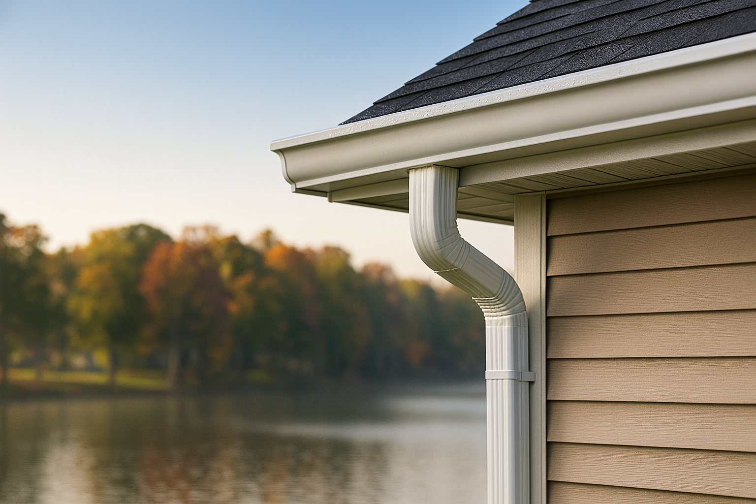 White gutter and downspout on beige siding beside a calm lakeside, Monticello, Indiana
