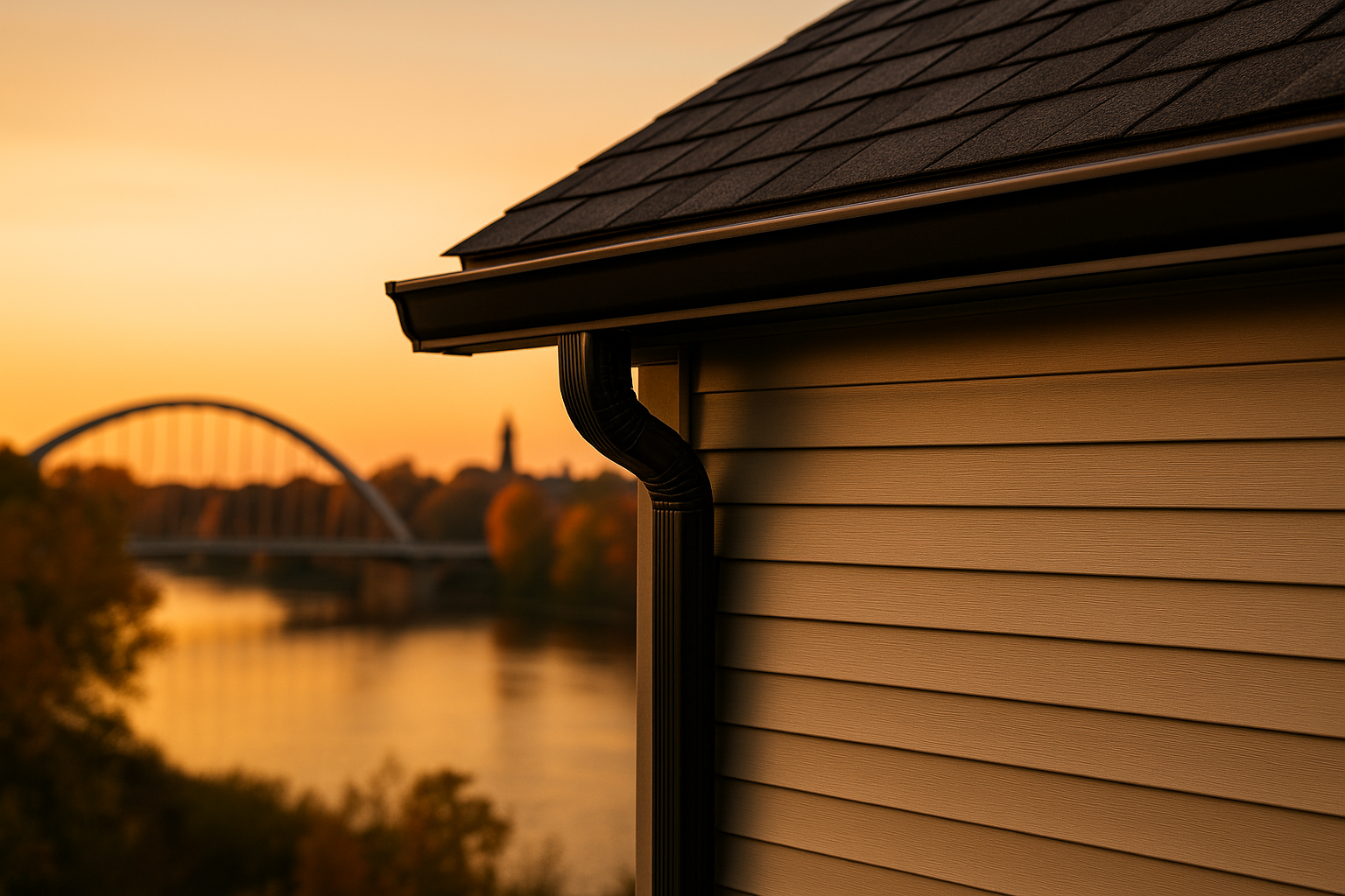 Black aluminum gutter and downspout on beige siding at sunset, West Lafayette, Indiana