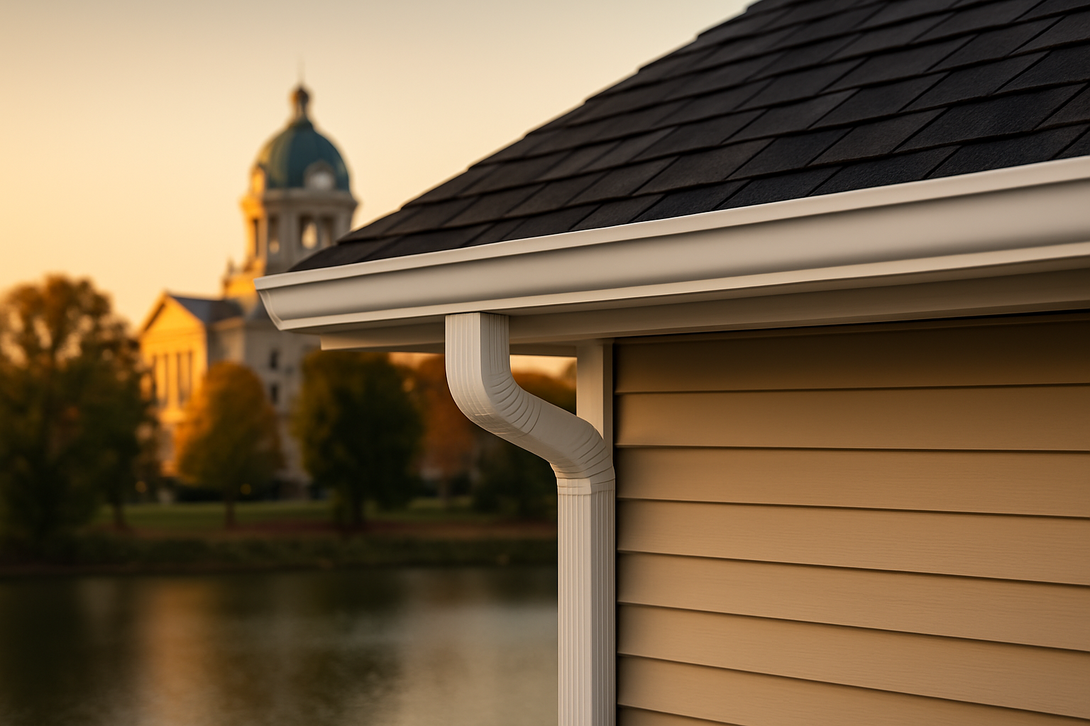 White seamless K-style gutter on beige siding with Boone County Courthouse and lake in background, Lebanon, Indiana