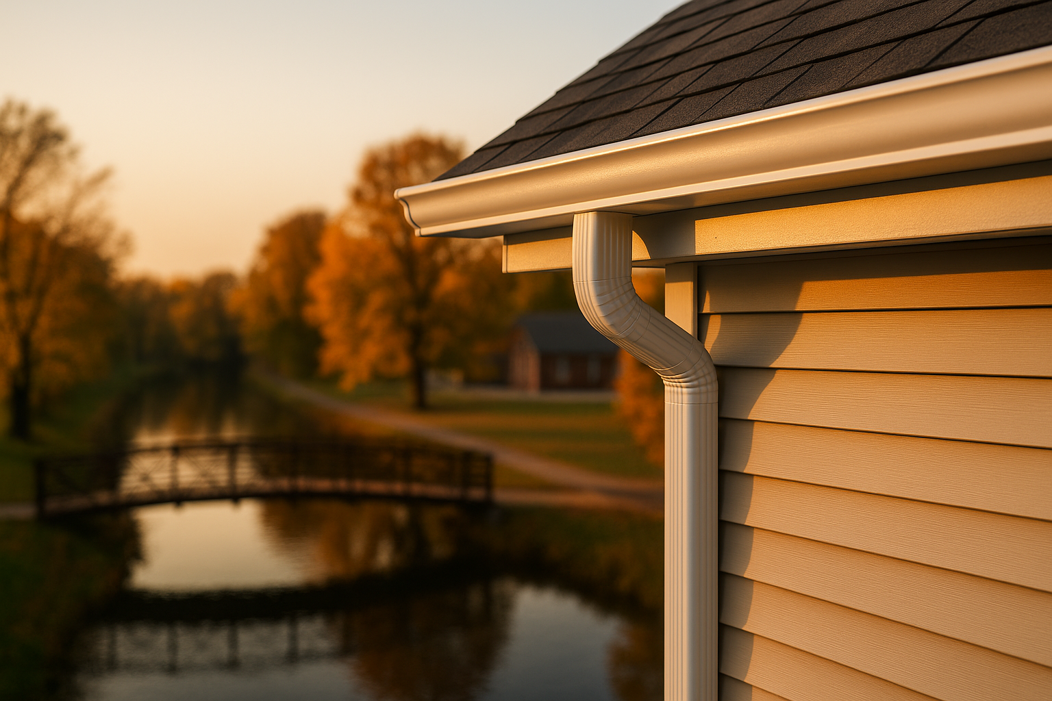 Roof edge with white aluminum gutter at golden hour, canal and autumn trees in the distance, Delphi IN