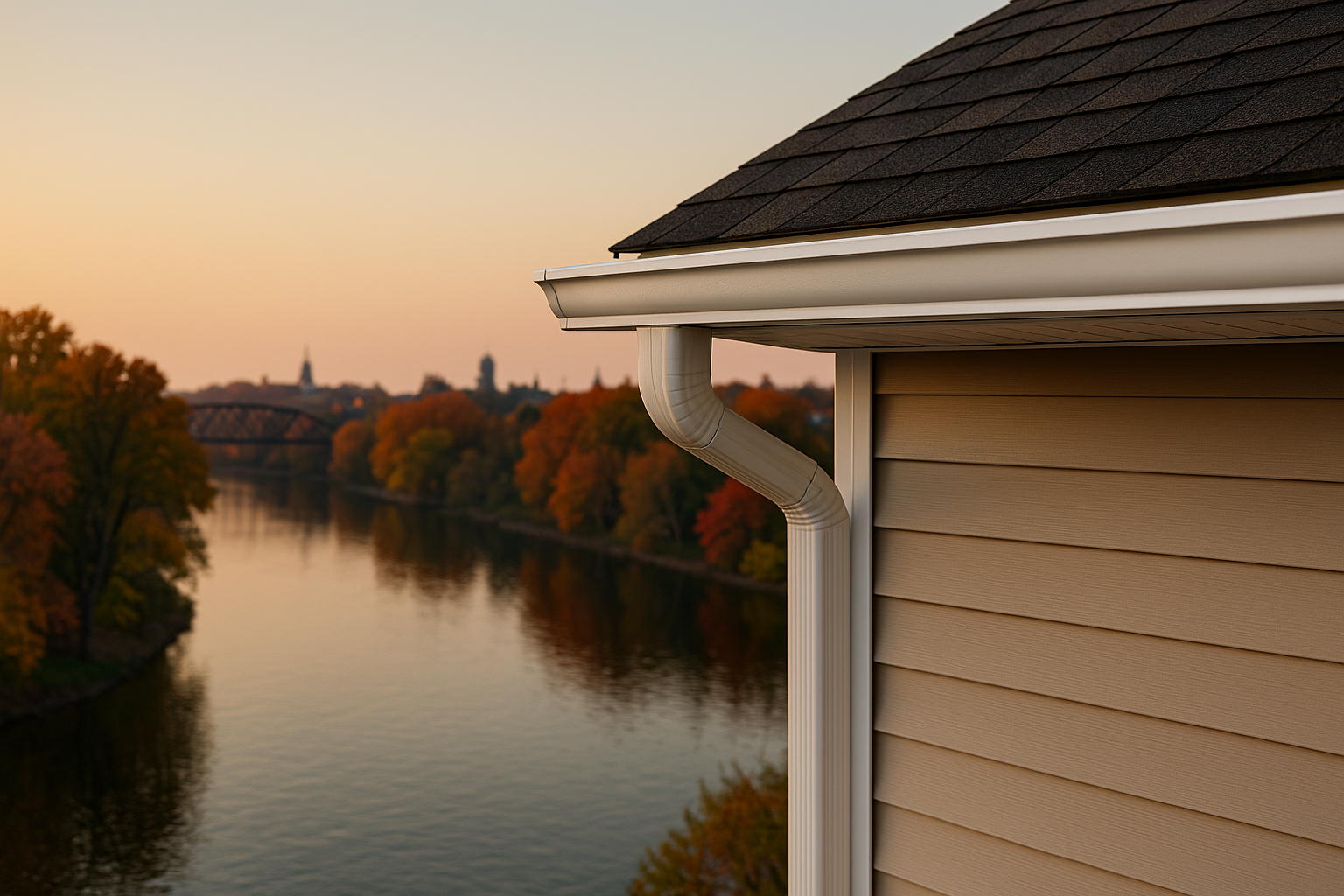 Close-up of white seamless gutter under dark shingles with bridge and church steeple across the river, Attica, Indiana