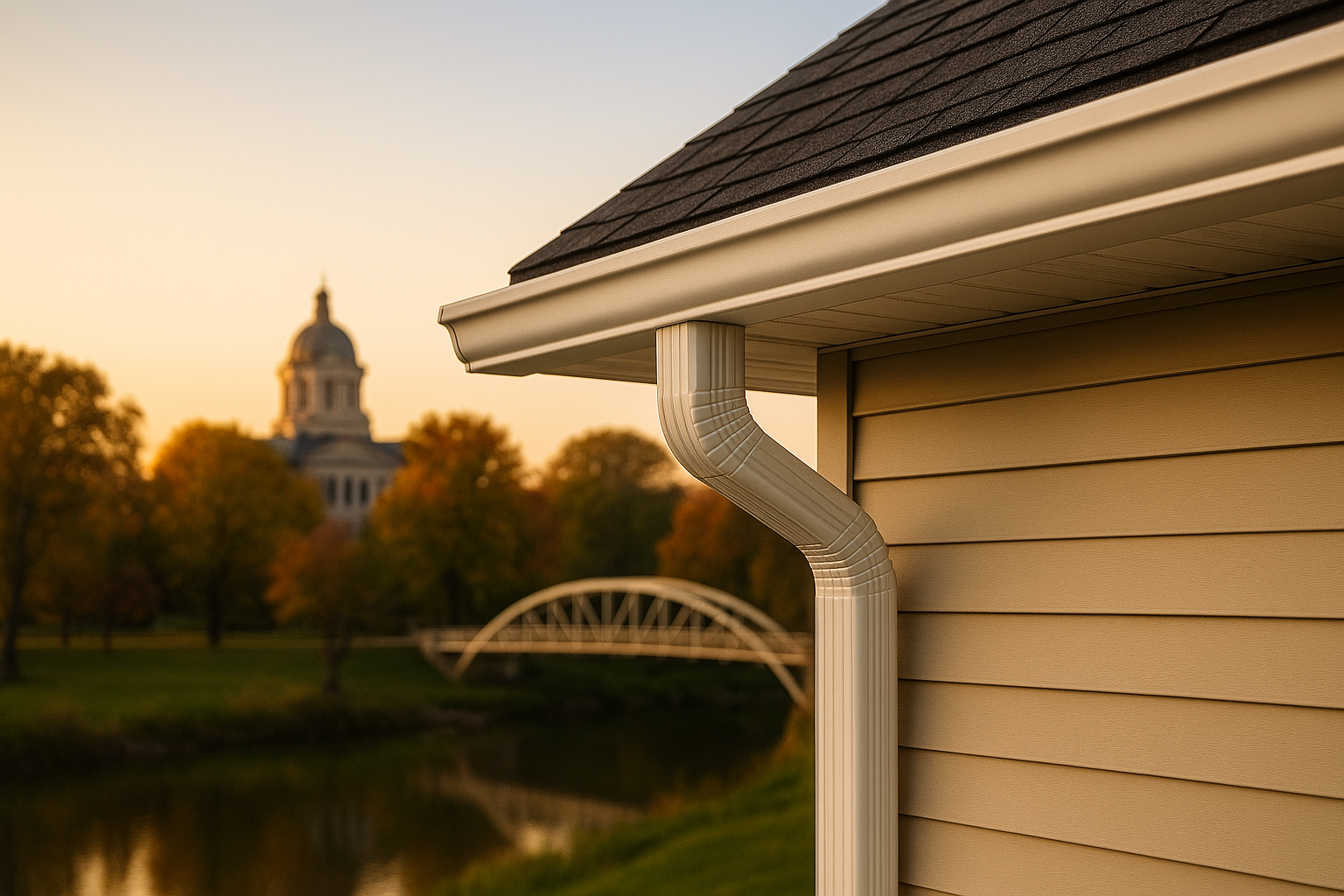 White K-style gutter and downspout on beige siding with Clinton County Courthouse and arched bridge over water, Frankfort, Indiana