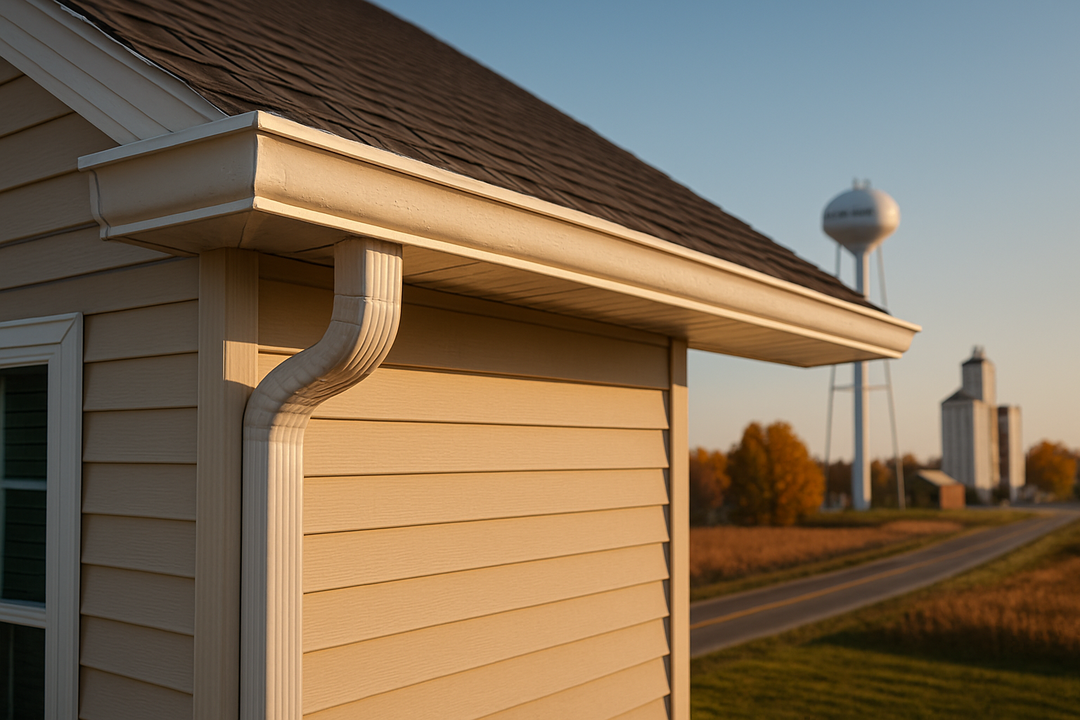 White K-style gutter and downspout on beige siding with Otterbein