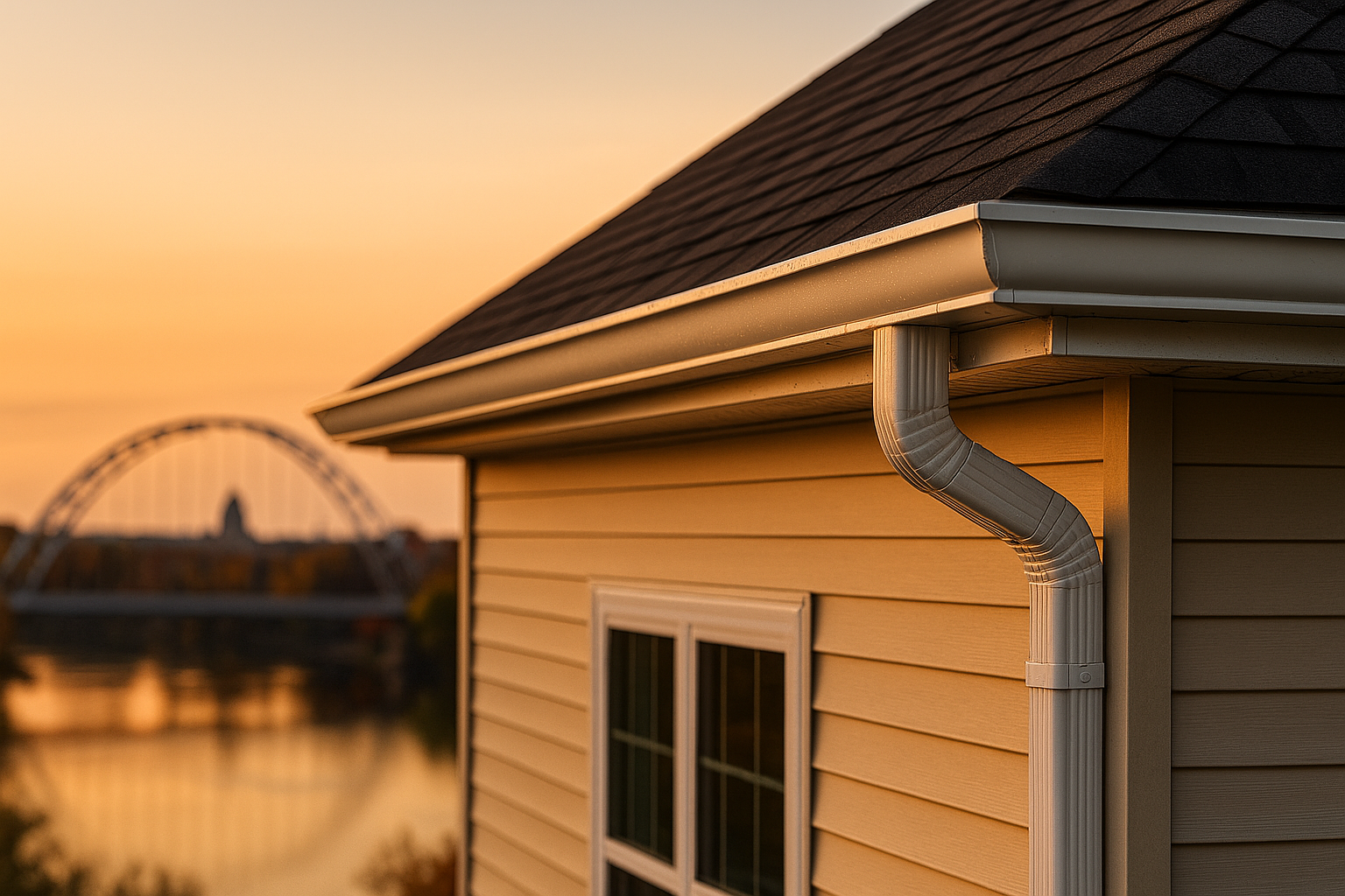 Close-up of white seamless gutter under dark shingles with the John T. Myers Pedestrian Bridge and autumn trees across the river, Lafayette, Indiana