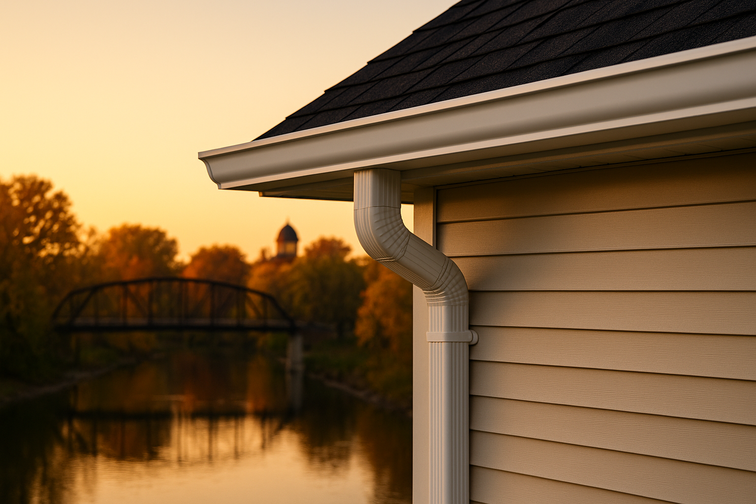 White K-style gutter and downspout on beige siding with Sugar Creek, arched bridge, and domed building in background, Crawfordsville, Indiana