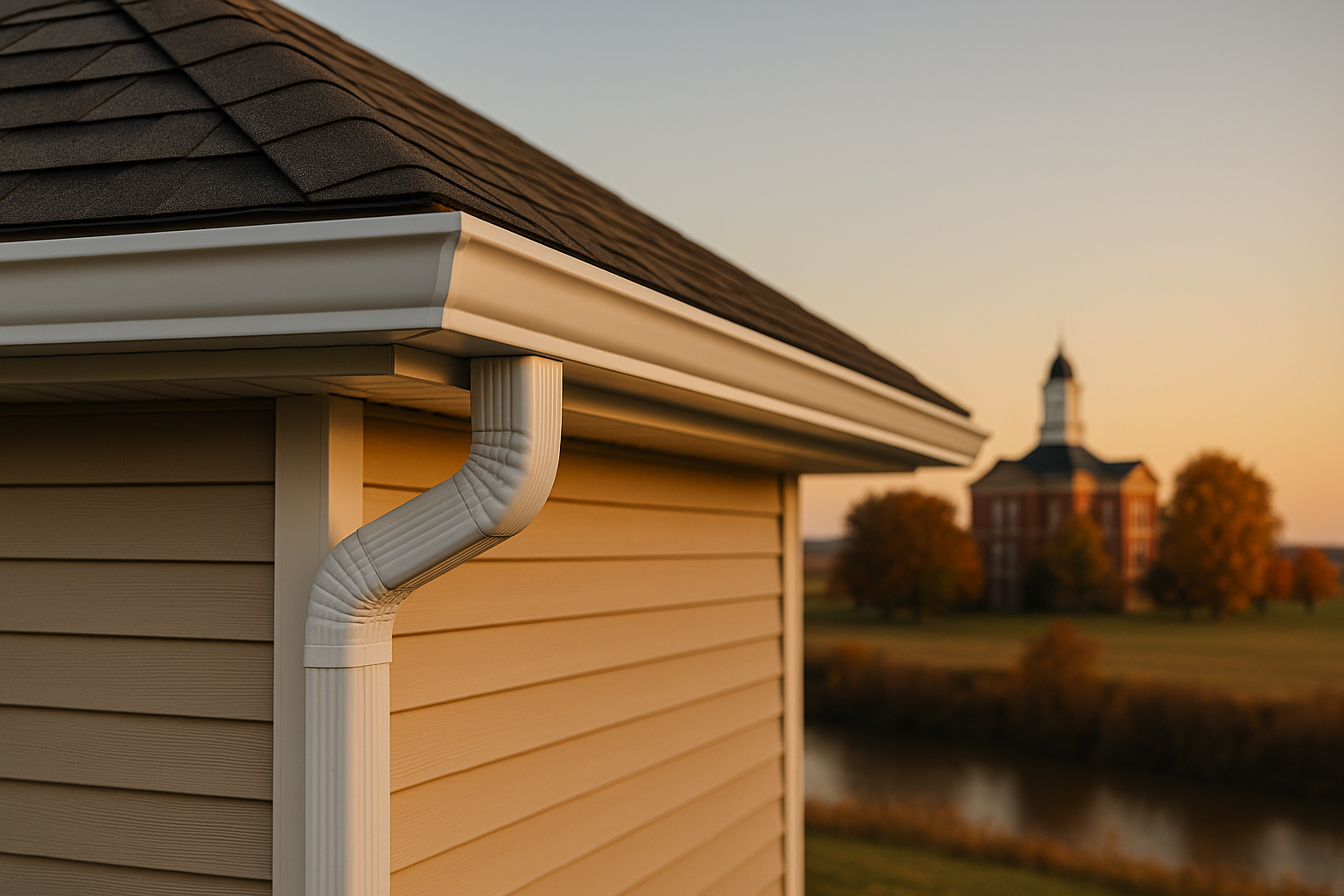 Close-up of white seamless gutter under dark shingles, blurred courthouse and water tower at sunset, Kentland, Indiana