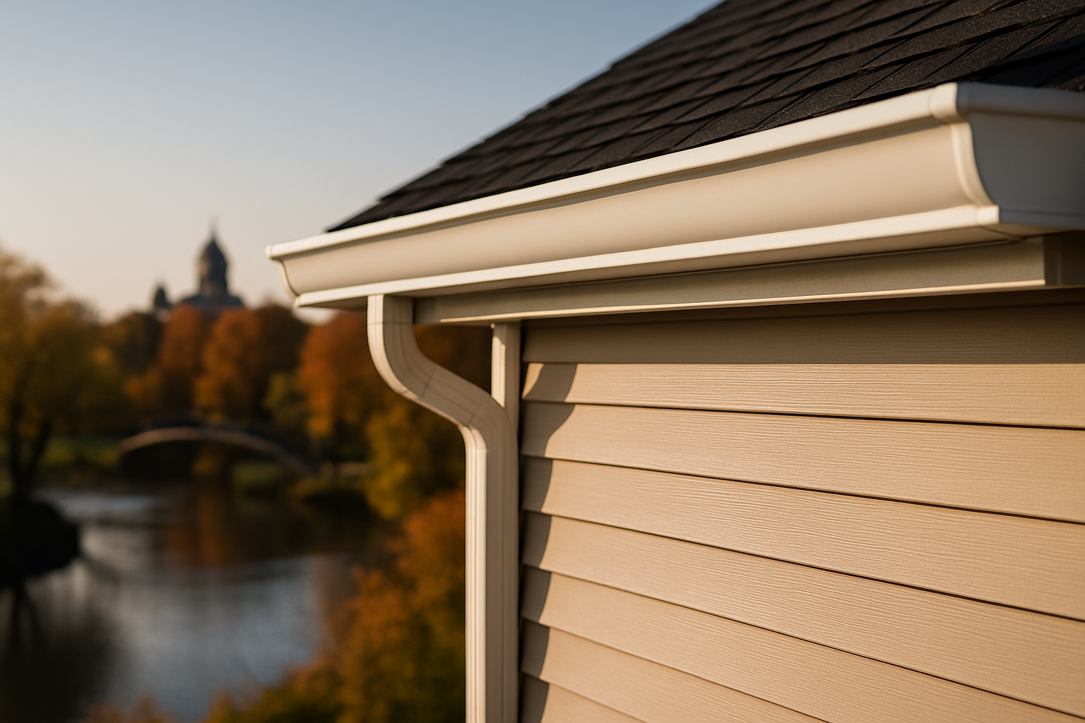 kokomo-in-gutter-installation Close-up of white seamless gutter under dark shingles with Wildcat Creek and a metal footbridge behind, Kokomo, Indiana