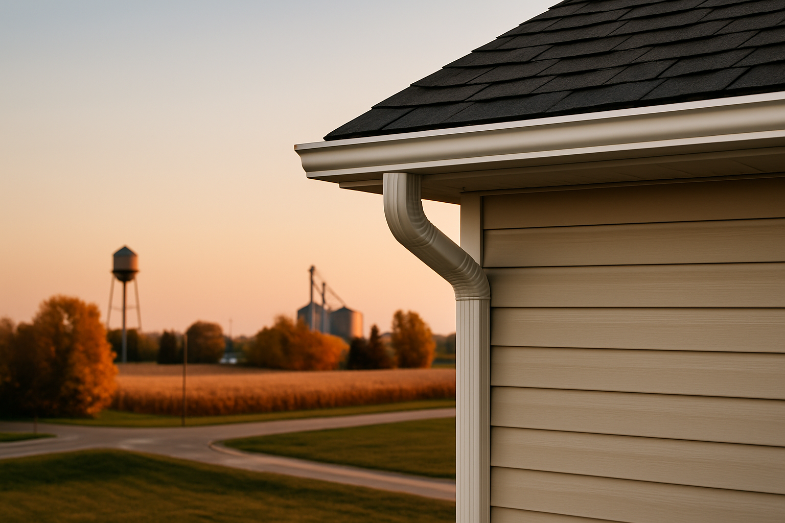 Close-up of white seamless gutter under dark shingles, farm fields and small-town water tower in background, Oxford, Indiana