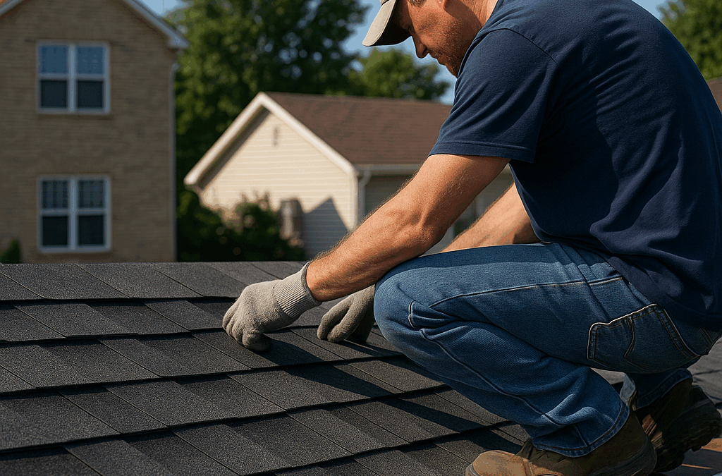 Experienced roofing installer aligning shingles on Lafayette home roof