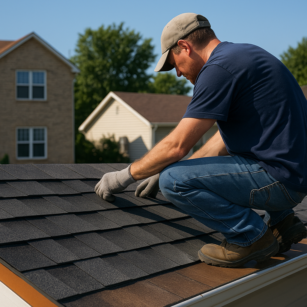 Experienced roofing installer aligning shingles on Lafayette home roof