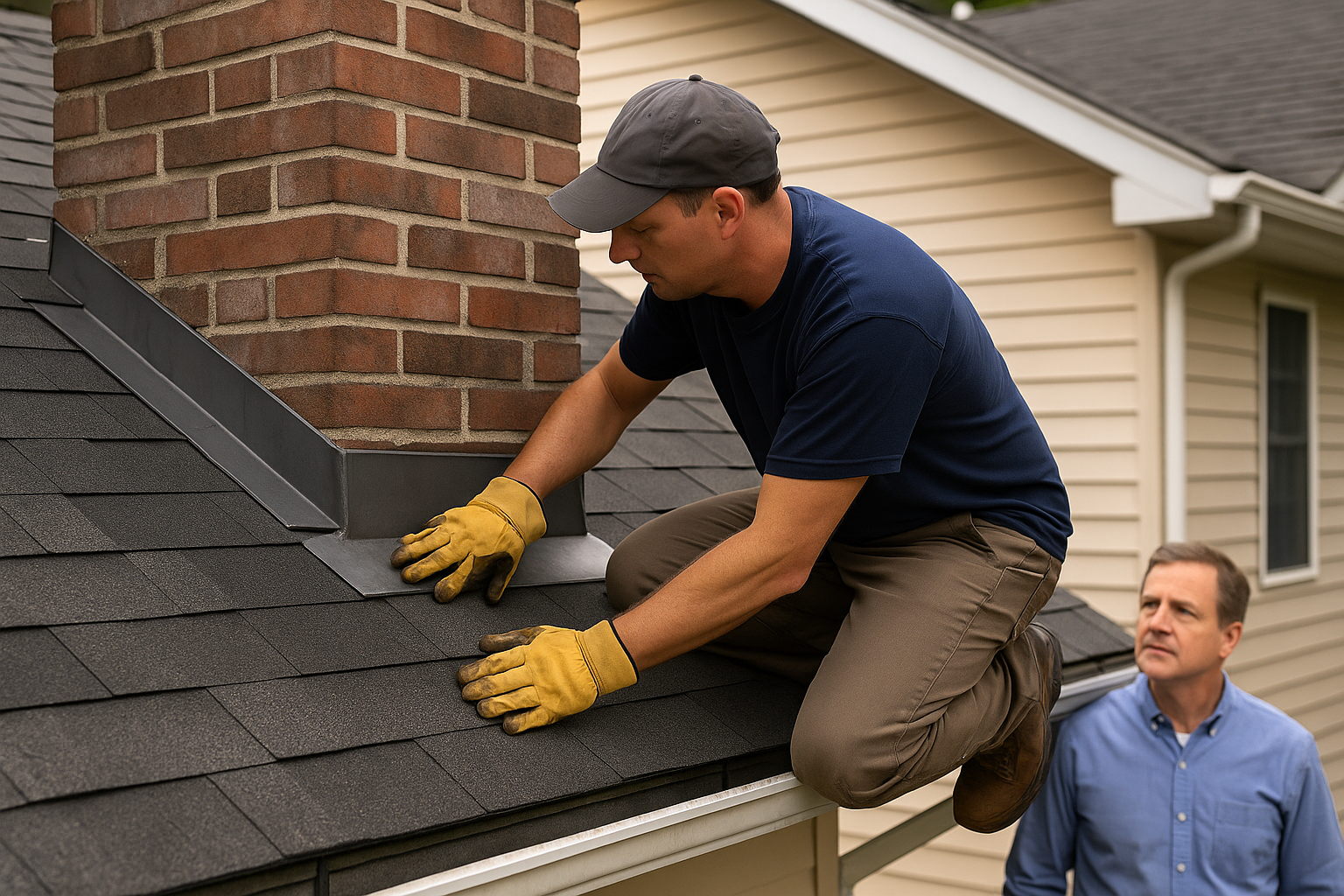 Roofing contractor inspecting flashing on Lafayette home roof