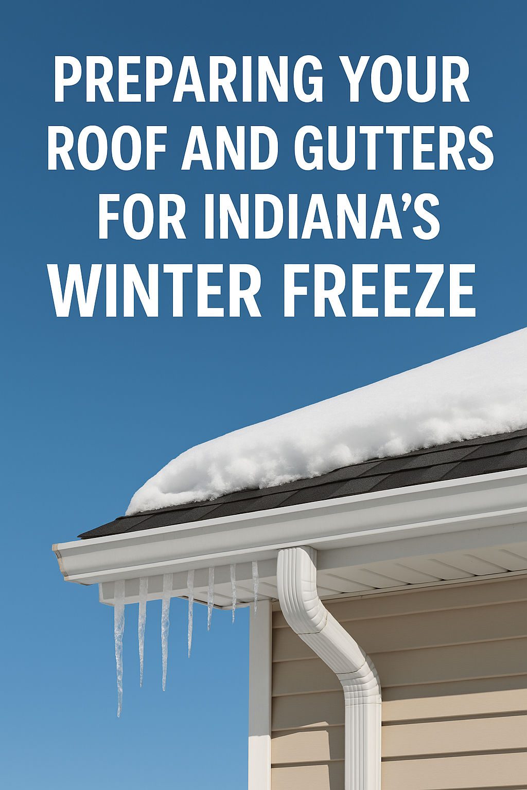 Snow-covered Indiana home with clean white gutters and icicles hanging from the roof under a blue winter sky.