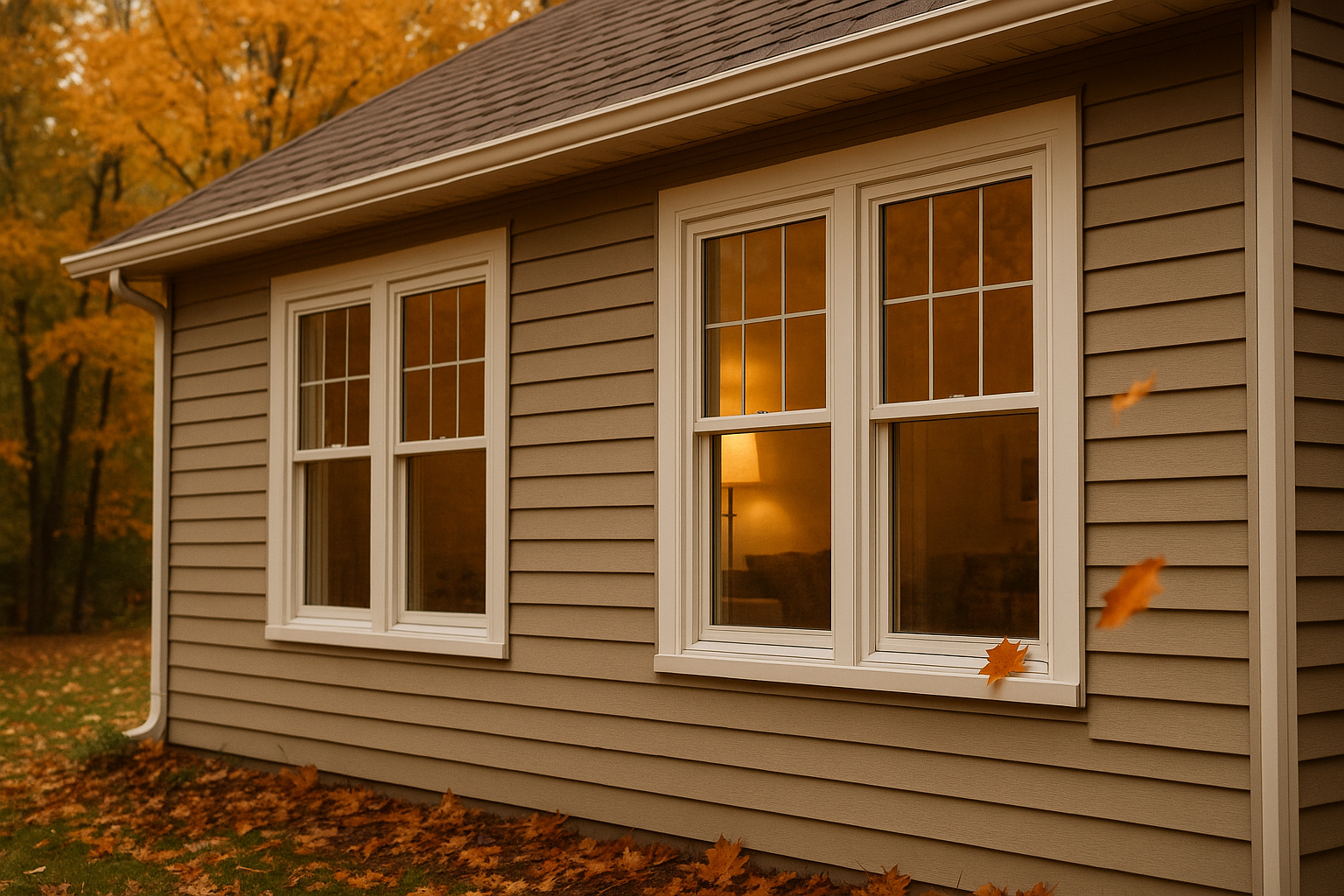 Exterior view of a Lafayette home in fall showing updated white-framed windows with warm interior light, surrounded by autumn leaves, used to illustrate fall window replacement.