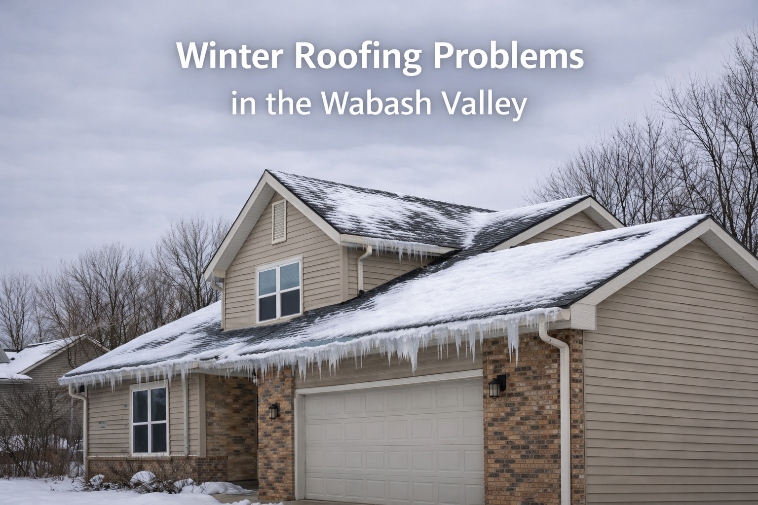A realistic winter scene of a Central Indiana suburban home with a pitched asphalt shingle roof, light snow on the roof, ice buildup along the roof edge and gutters, overcast winter sky, bare trees in the background