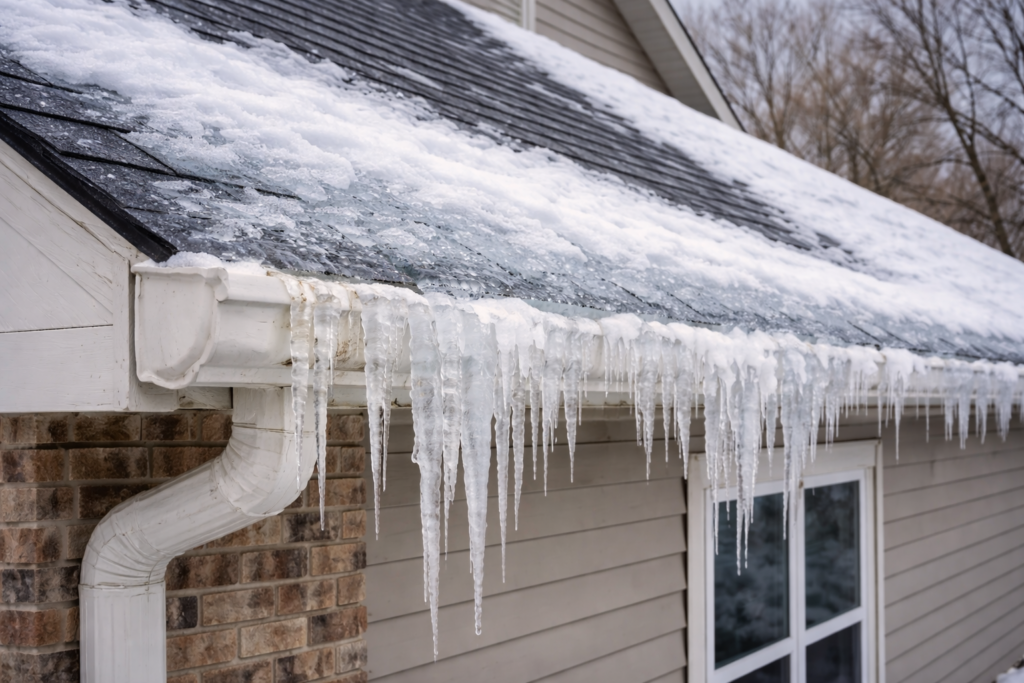 Ice dam and icicles on roof