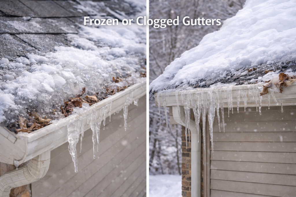 Frozen gutters with snow and icicles