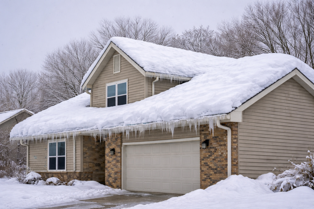 Snow-covered roof in suburban Indiana