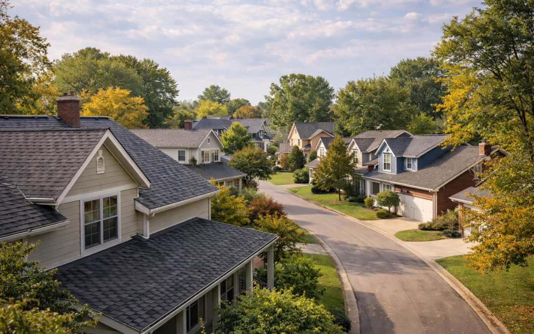 Residential roof on a Lafayette, Indiana home showing asphalt shingles, gutters, and tree coverage.