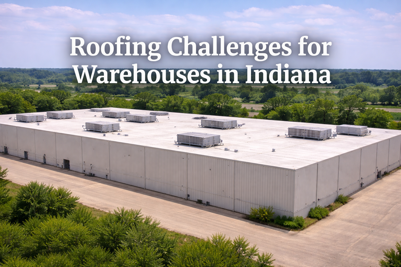 Large Indiana warehouse with flat commercial roofing system and rooftop HVAC units