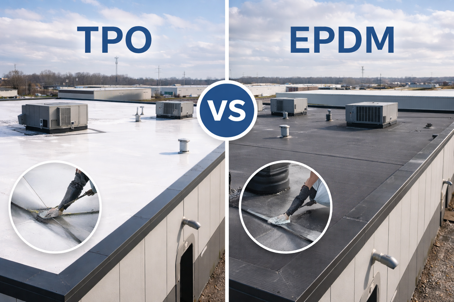 TPO and EPDM commercial flat roofing systems on Indiana warehouse buildings