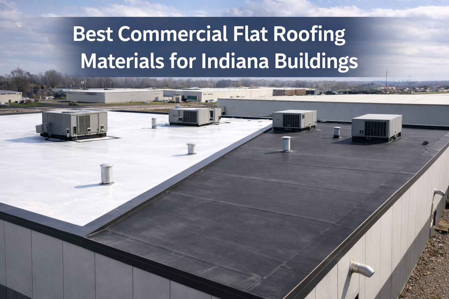 Commercial flat roofing systems on warehouse buildings in Indiana