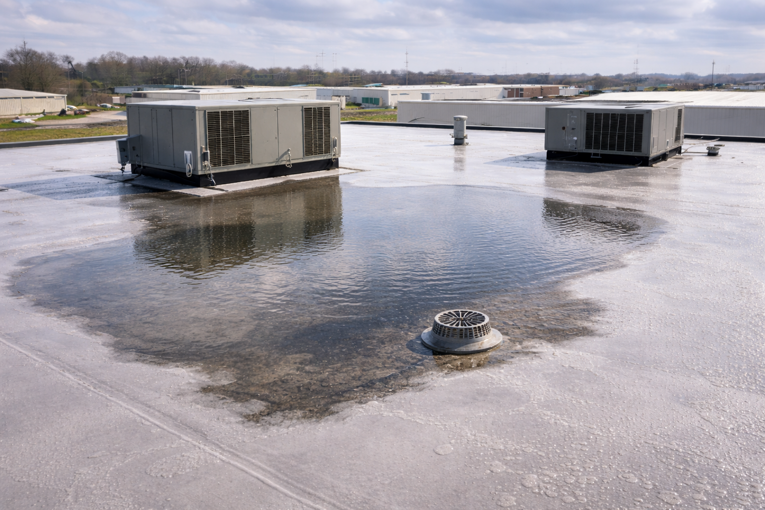 Standing water on commercial flat roof near drain in Indiana warehouse