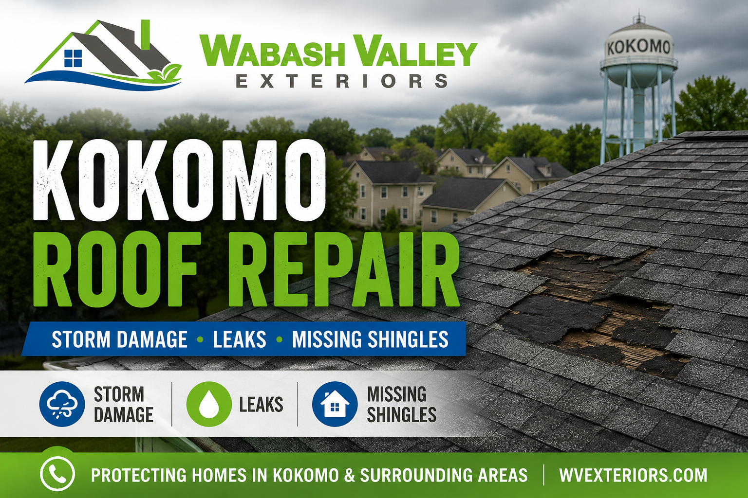 Storm damaged asphalt shingles after Indiana wind and hail storm