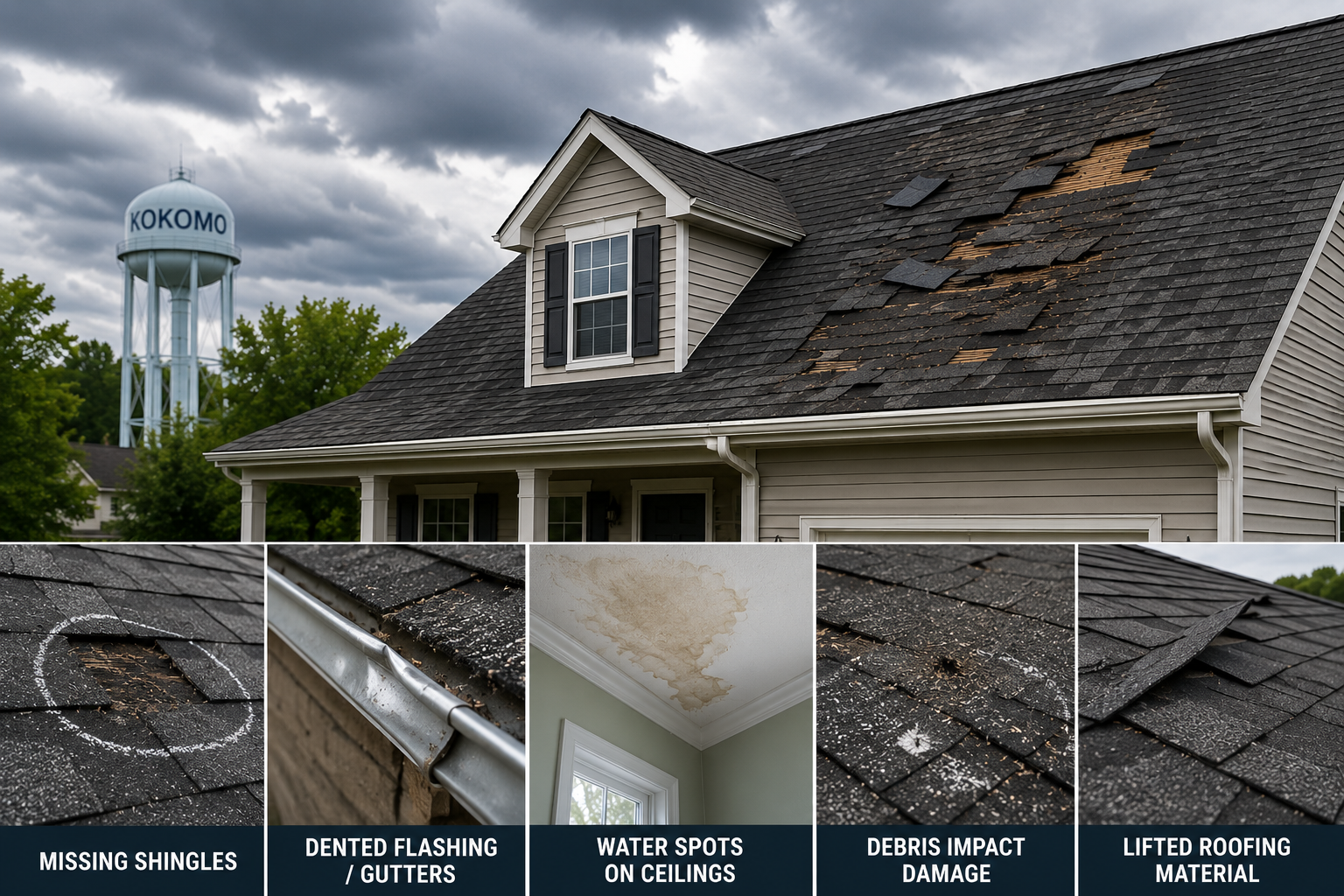Roof storm damage in suburban home