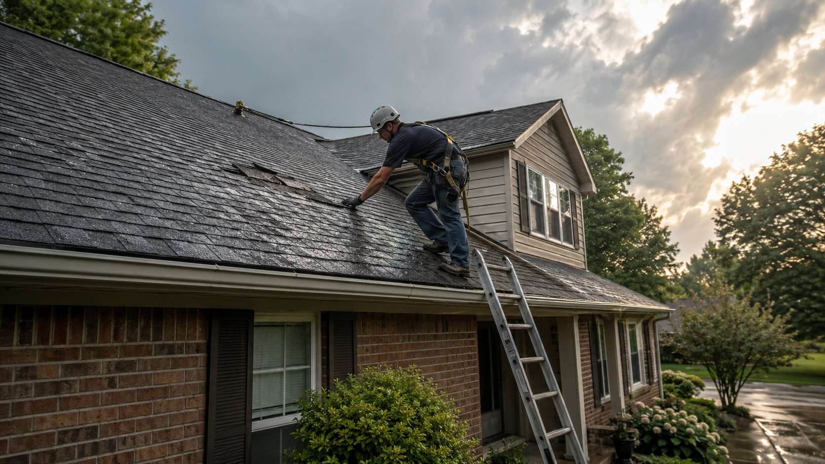 Professional roofer inspecting storm-damaged shingles on a Lafayette, Indiana home after a summer thunderstorm. Generated with the built-in image tool