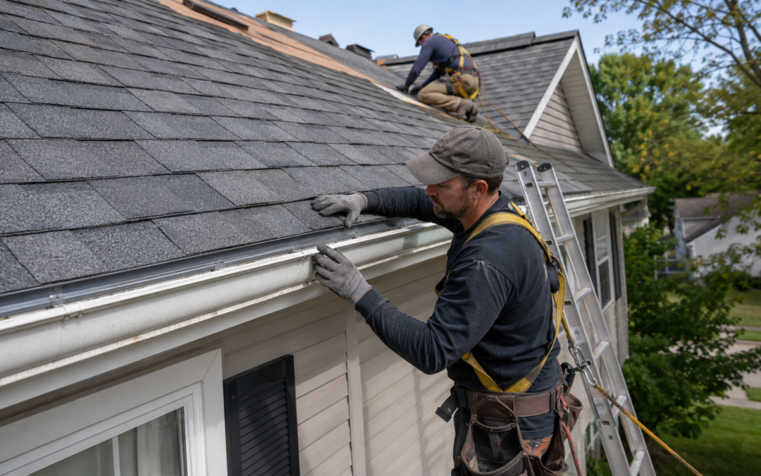 Roofer inspecting gutters and drip edge during a roof replacement on a Lafayette, Indiana home.