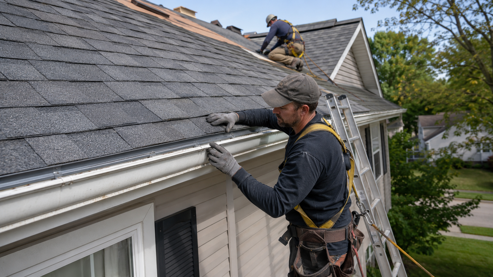 Roofer inspecting gutters and drip edge during a roof replacement on a Lafayette, Indiana home.