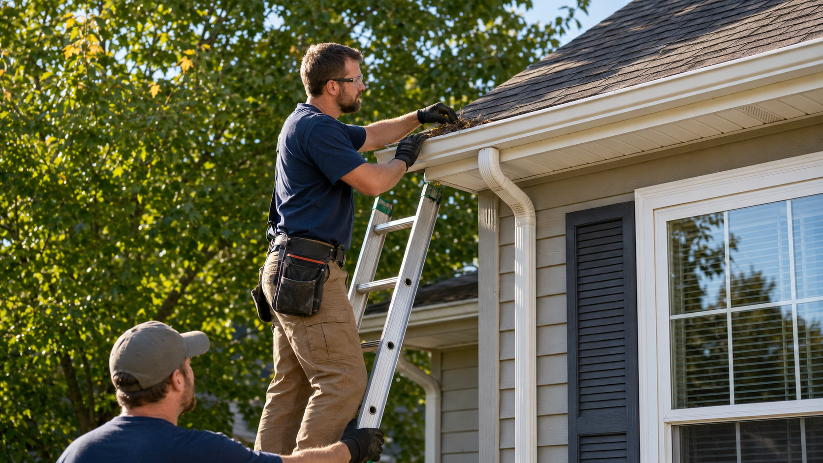 Professional inspecting gutters and downspouts on a Lafayette home before fall leaves arrive.