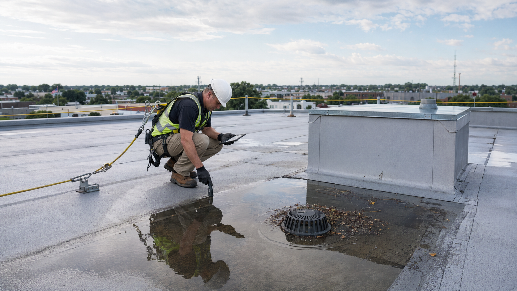 Commercial roofer inspecting ponding water near a drain on a low-slope roof in Lafayette, Indiana.