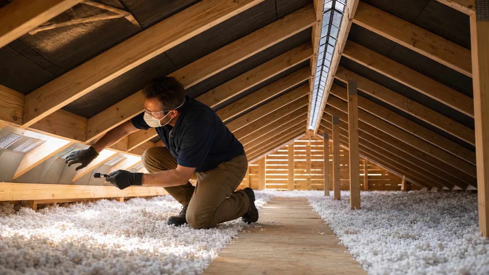 Professional inspecting soffit and ridge ventilation inside a Lafayette, Indiana home’s attic during summer.
