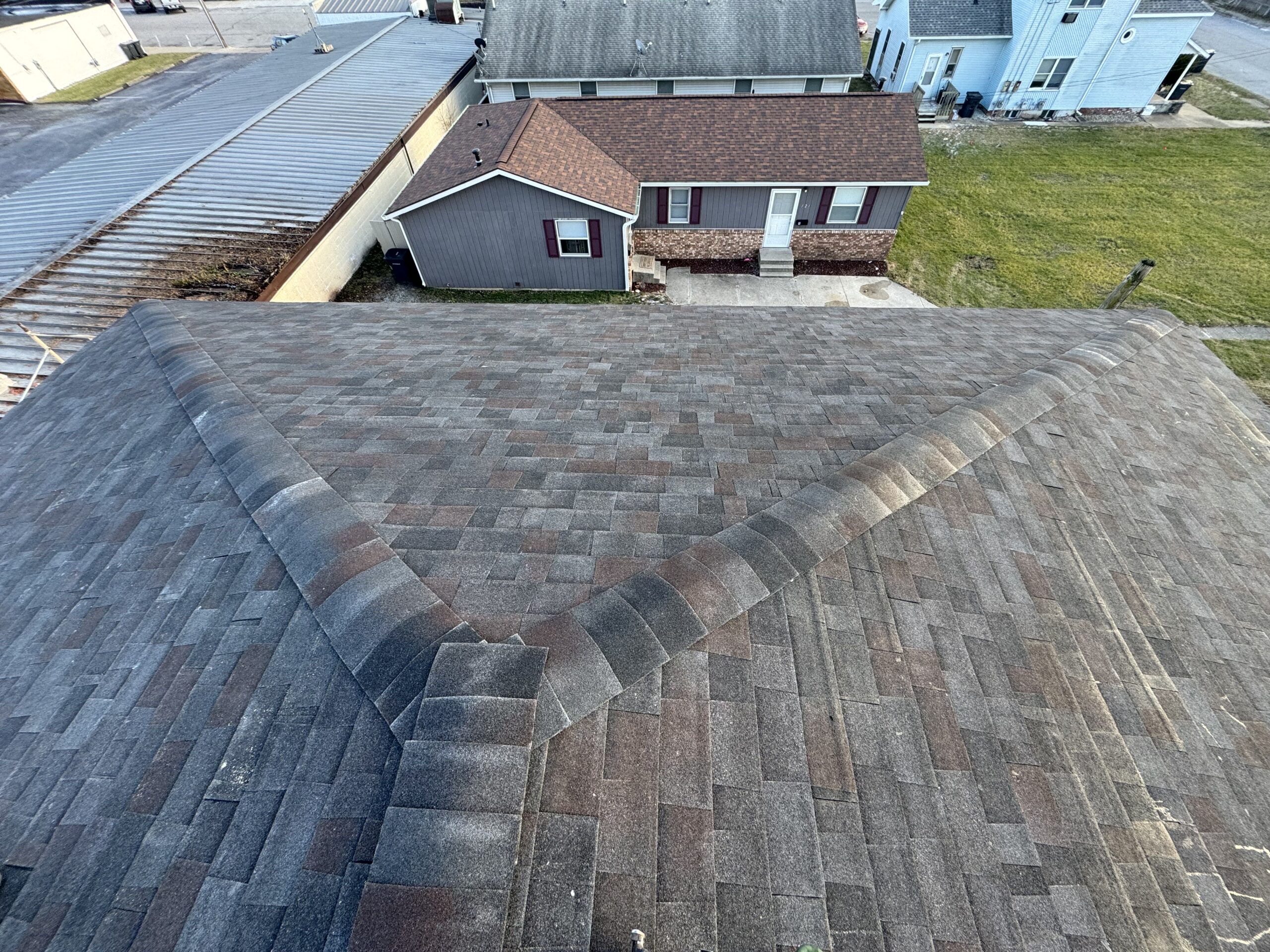 Completed shingle roof following structural roof framing in Rensselaer, Indiana